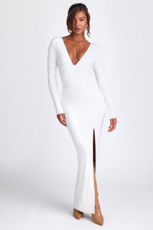 White Women's Oh Polly Modal Plunge Neck Long Sleeve Maxi Dress | 70152LQDE