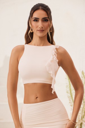 White Women's Oh Polly Open Back Ruched Ruffle Crop Tops | 28514HDAJ