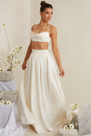 White Women's Oh Polly Pleated Heavy Satin Maxi Skirts | 23174LRKA