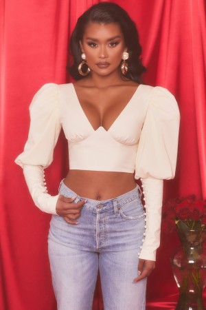 White Women's Oh Polly Plunge Neck Puff Sleeve Crop Tops | 12749LRXW