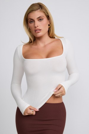 White Women's Oh Polly Ribbed Modal Square Neck Long Sleeve Tops | 46123BVDP