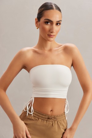 White Women's Oh Polly Ruched Bandeau Crop Tops | 65028UGNF