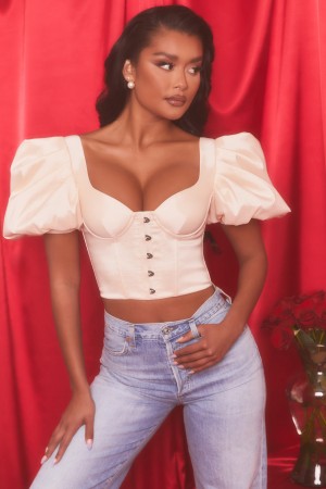 White Women's Oh Polly Short Puff Sleeve Corset Crop Tops | 85407ZPDA