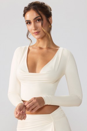 White Women's Oh Polly Slinky Jersey Plunge Neck Long Sleeve Crop Tops | 85076PHSW