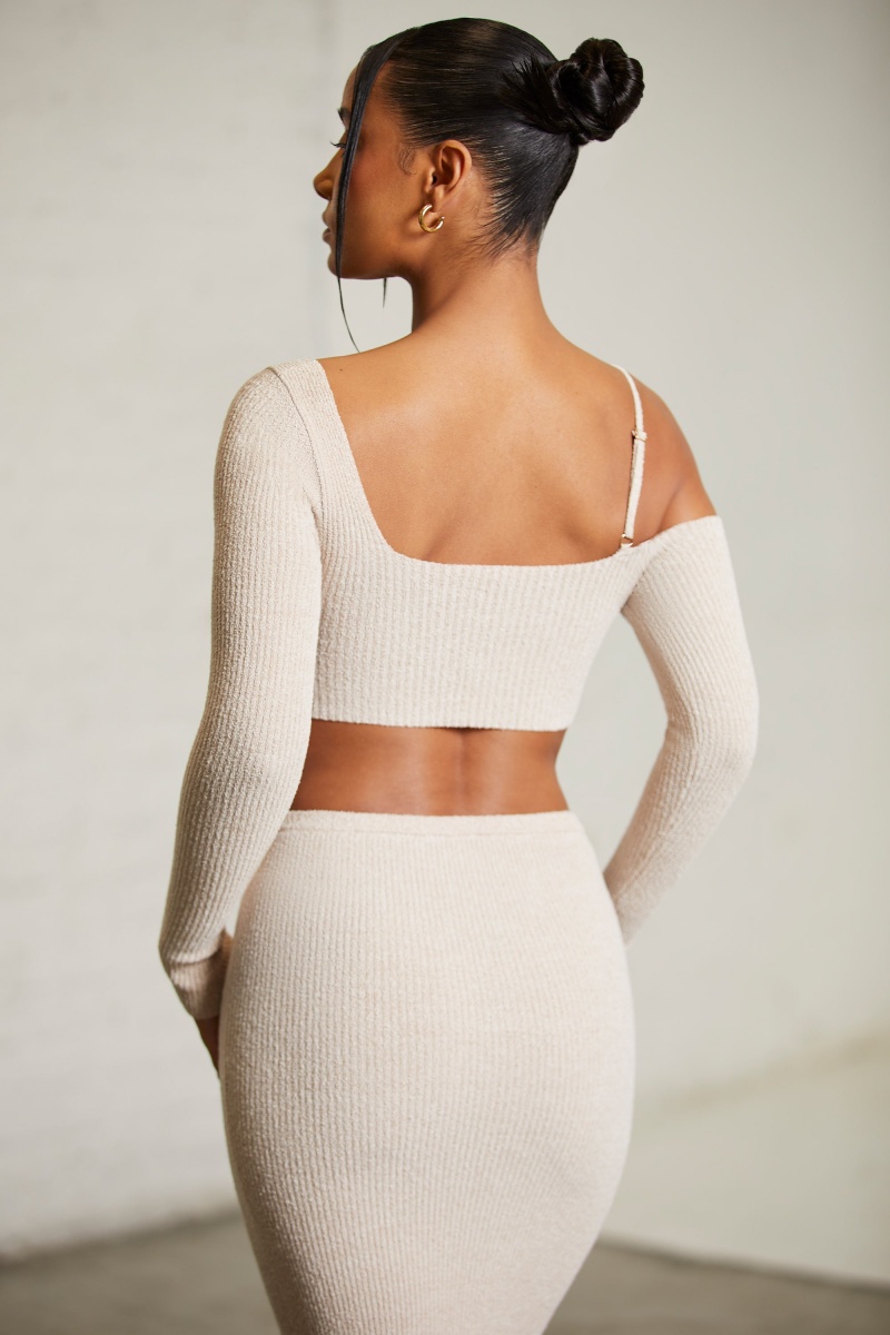 Beige Women's Oh Polly Asymmetric Long Sleeve Crop Tops | 56387BART