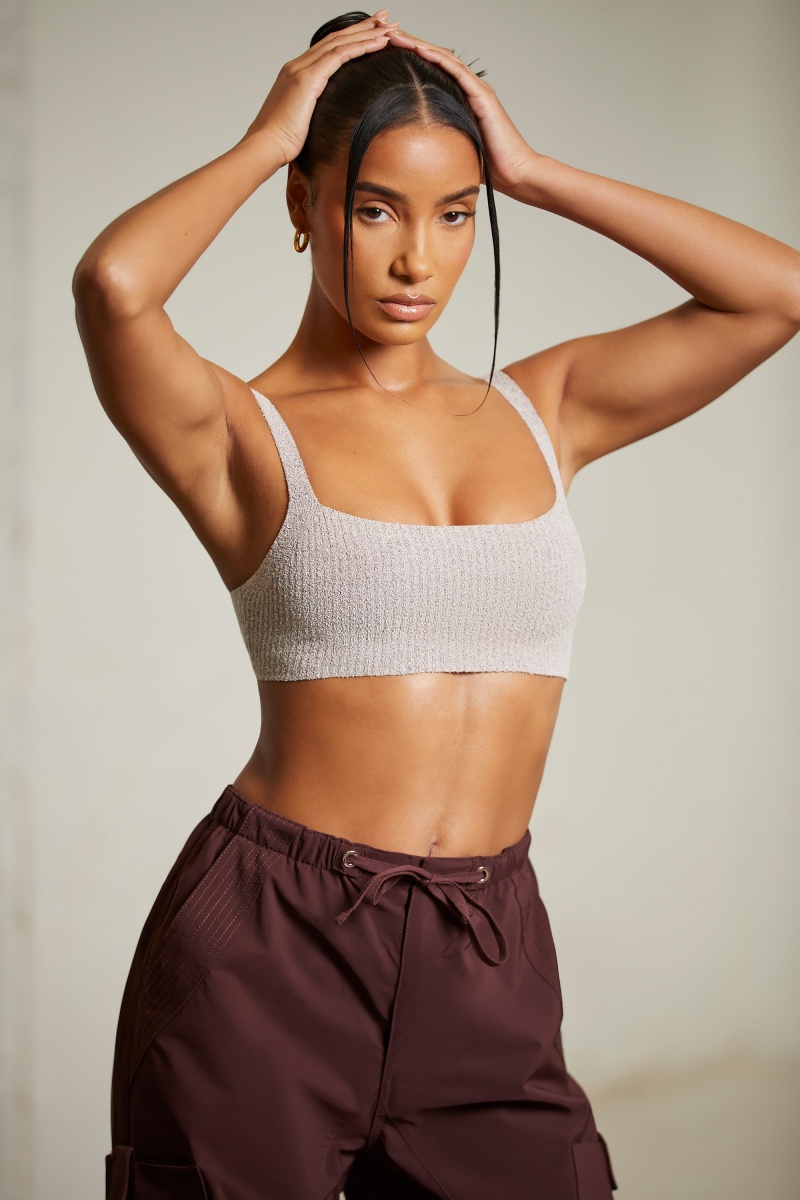 Beige Women's Oh Polly Curved Neck Crop Tops | 46837EQTX