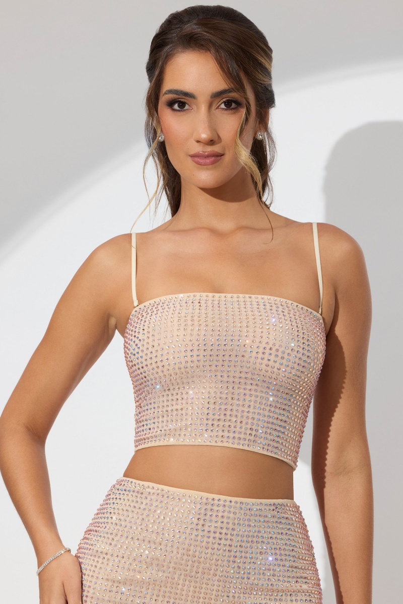 Beige Women's Oh Polly Embellished Strapless Crop Tops | 13459KCZE