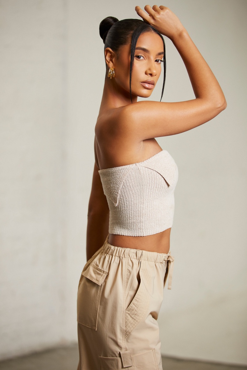 Beige Women's Oh Polly Overlap Bandeau Crop Tops | 67185SBQX