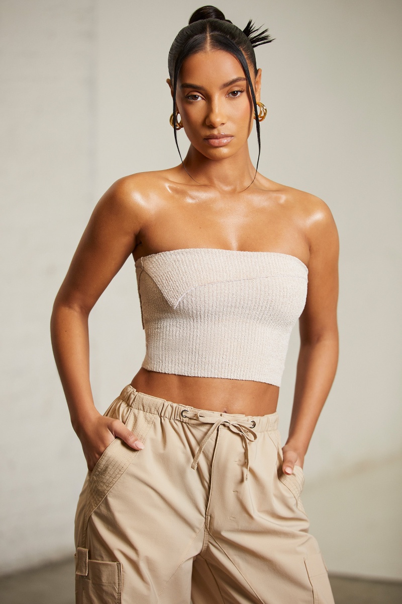 Beige Women's Oh Polly Overlap Bandeau Crop Tops | 67185SBQX