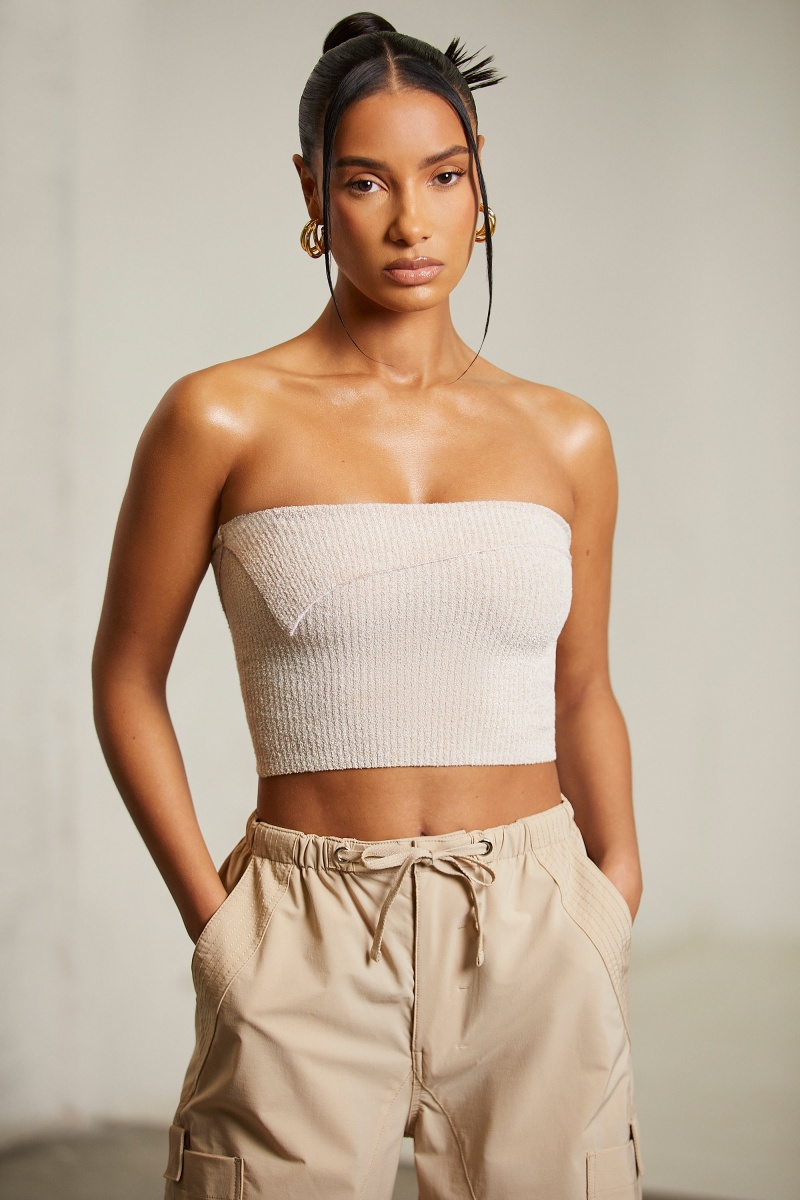 Beige Women's Oh Polly Overlap Bandeau Crop Tops | 67185SBQX