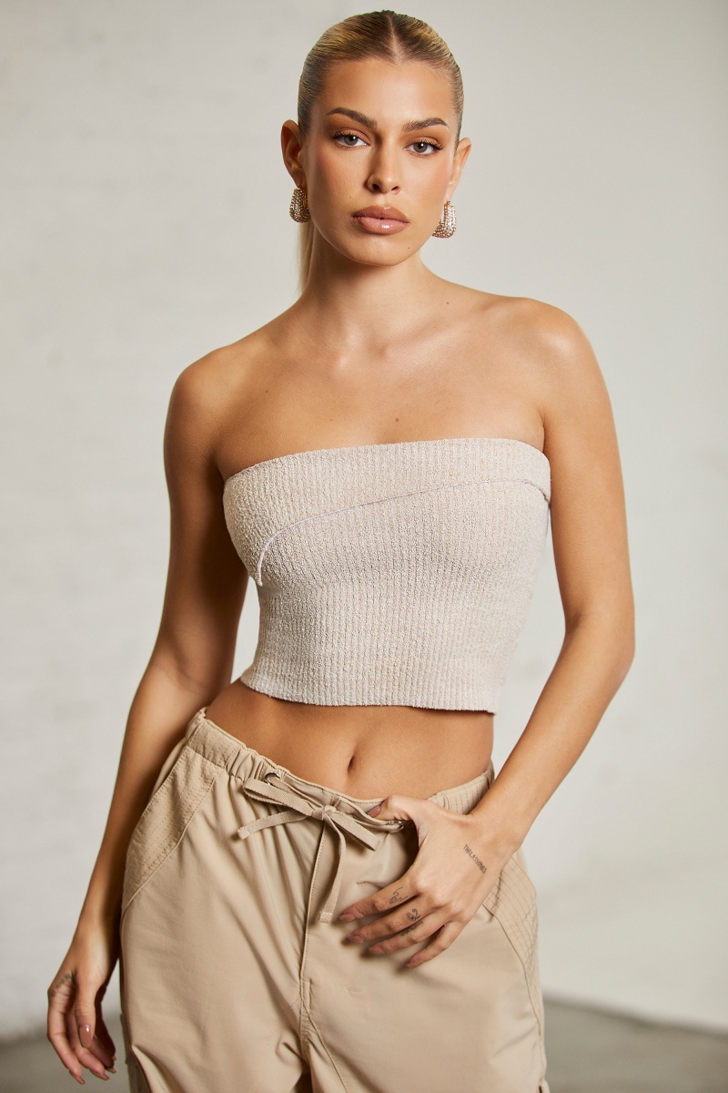 Beige Women\'s Oh Polly Overlap Bandeau Crop Tops | 67185SBQX