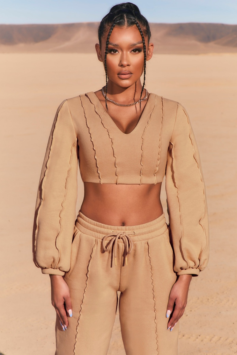 Beige Women's Oh Polly Uncovered Exposed Seam Bardot Crop Tops | 36419QSOC