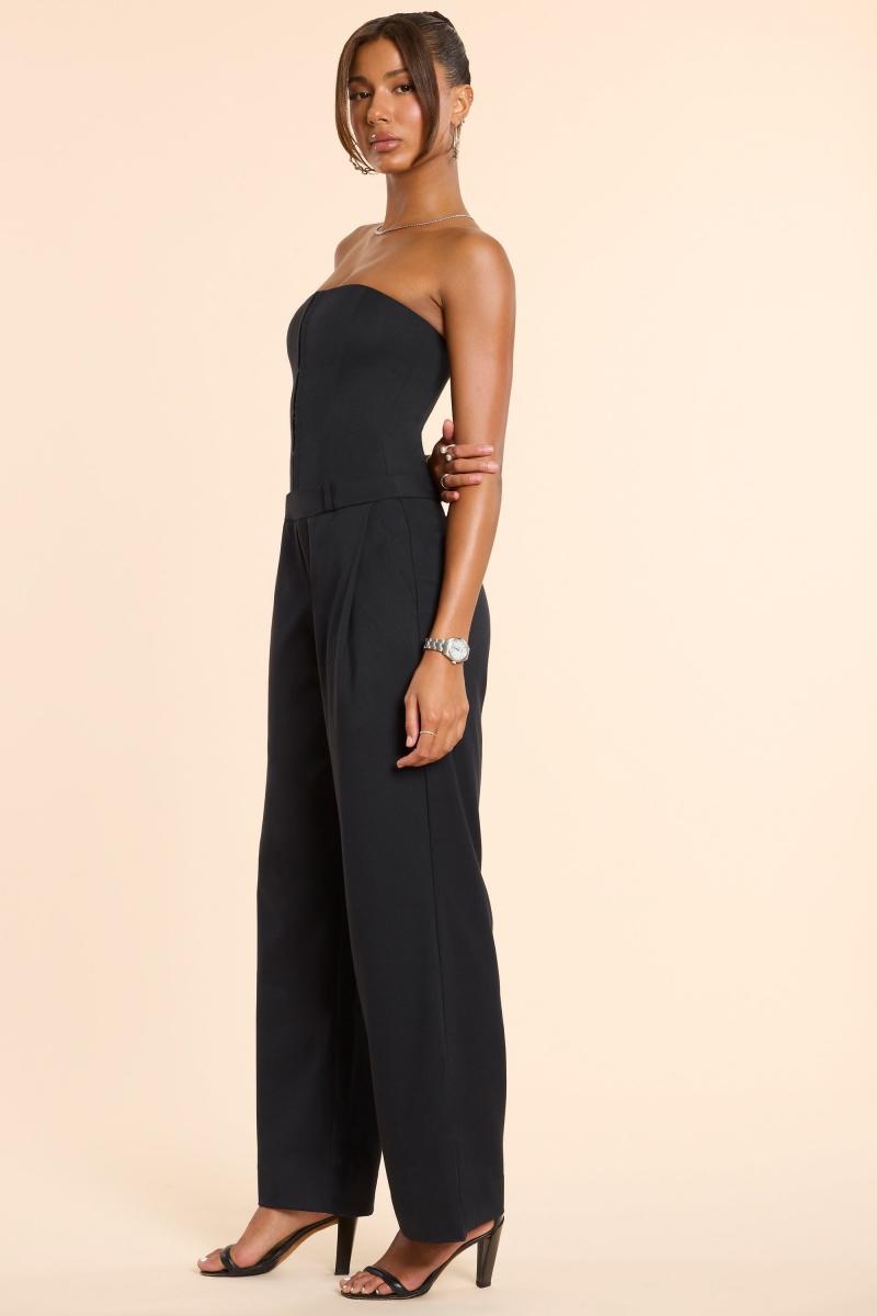 Black Women's Oh Polly Brushed Twill Bandeau Corset Jumpsuit | 52480KYSD