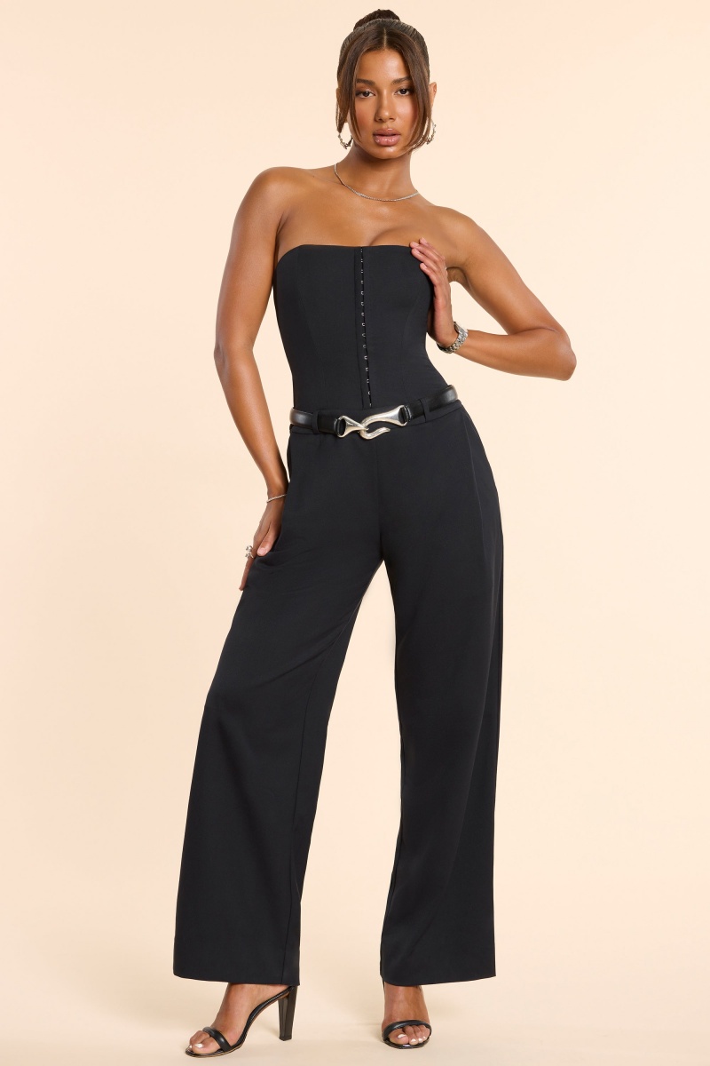 Black Women's Oh Polly Brushed Twill Bandeau Corset Jumpsuit | 52480KYSD