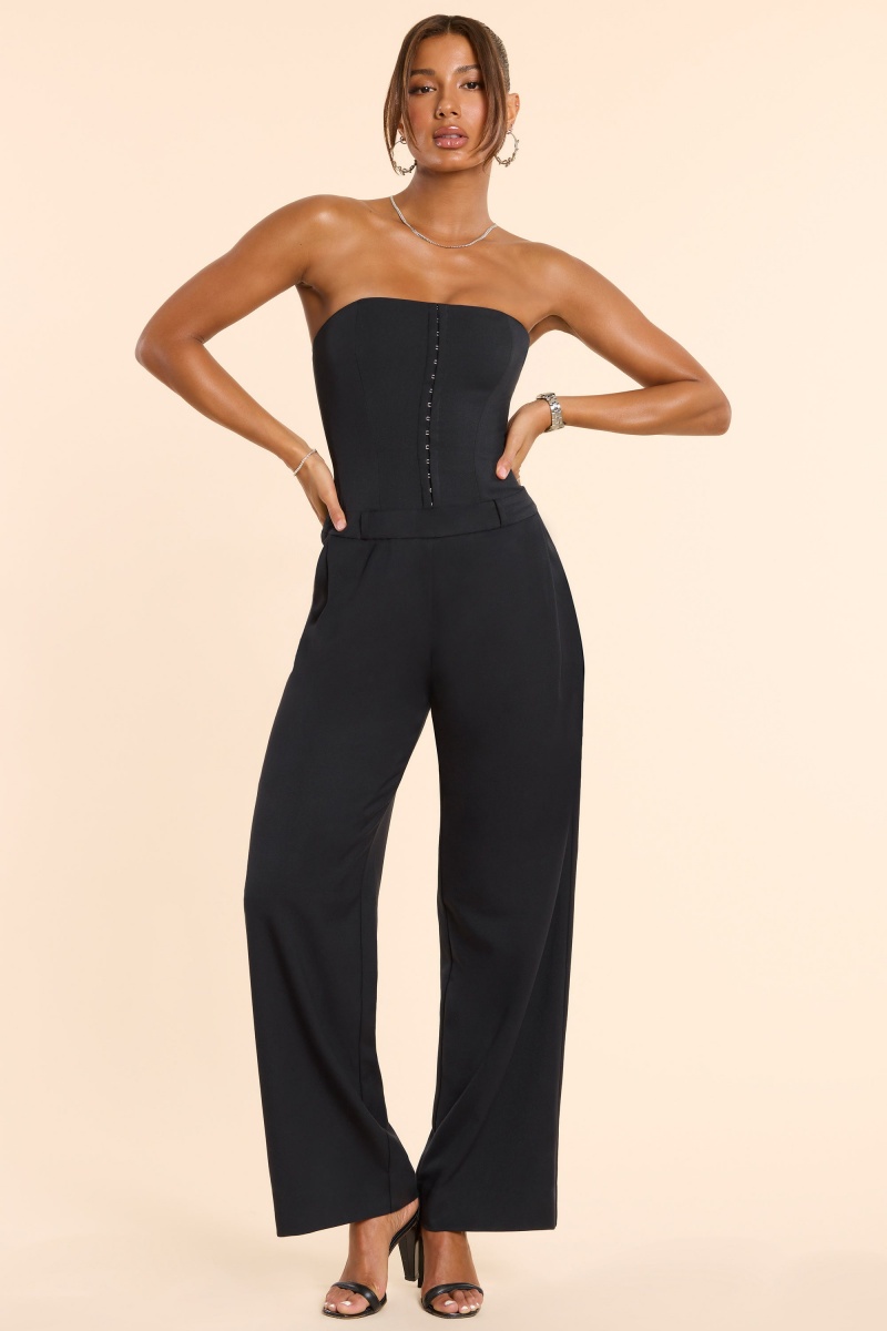 Black Women's Oh Polly Brushed Twill Bandeau Corset Jumpsuit | 52480KYSD