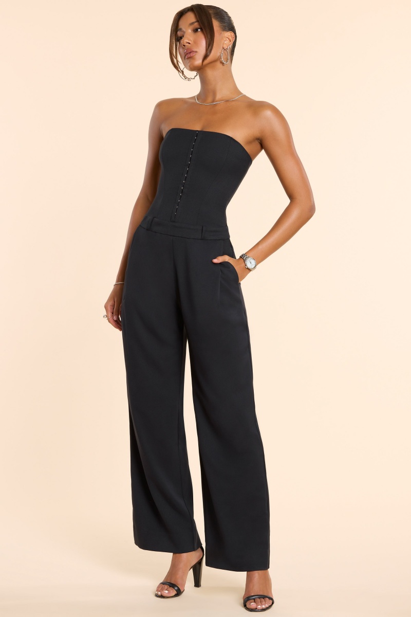 Black Women's Oh Polly Brushed Twill Bandeau Corset Jumpsuit | 52480KYSD