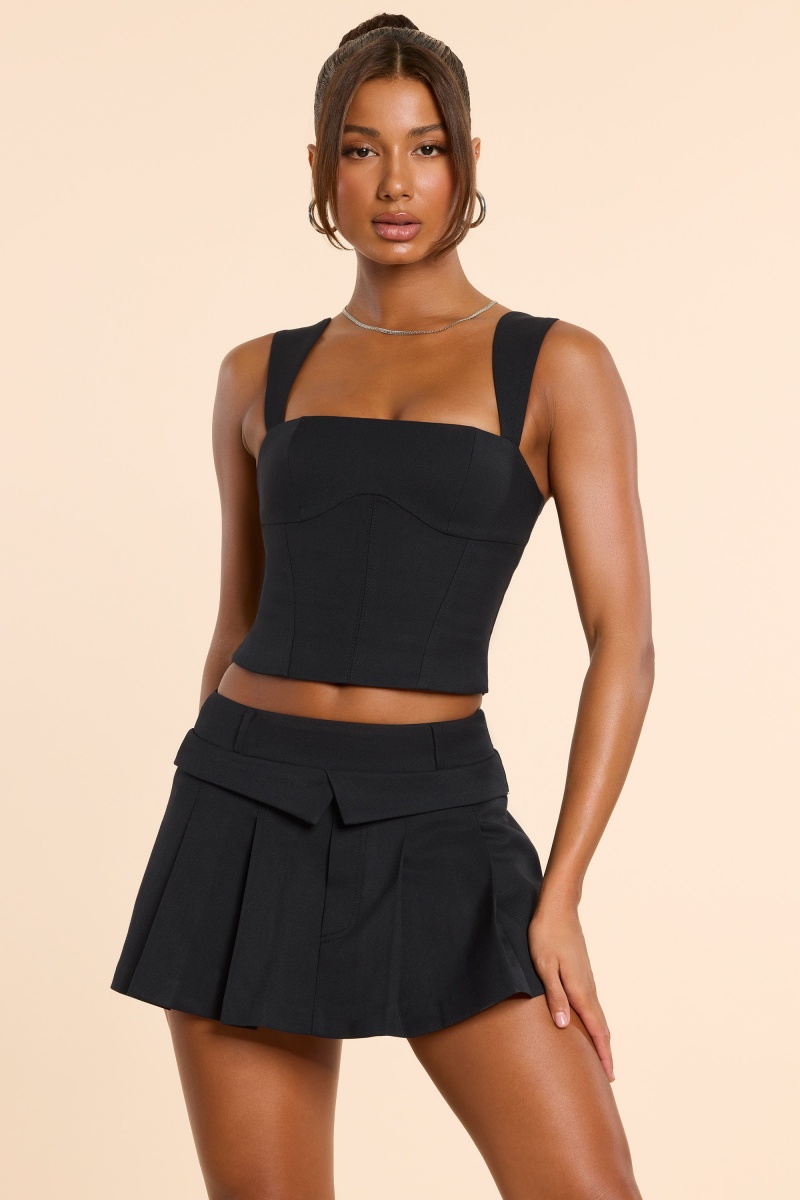 Black Women's Oh Polly Brushed Twill Mid Rise Pleated Micro Mini Skirts | 63798TIJW