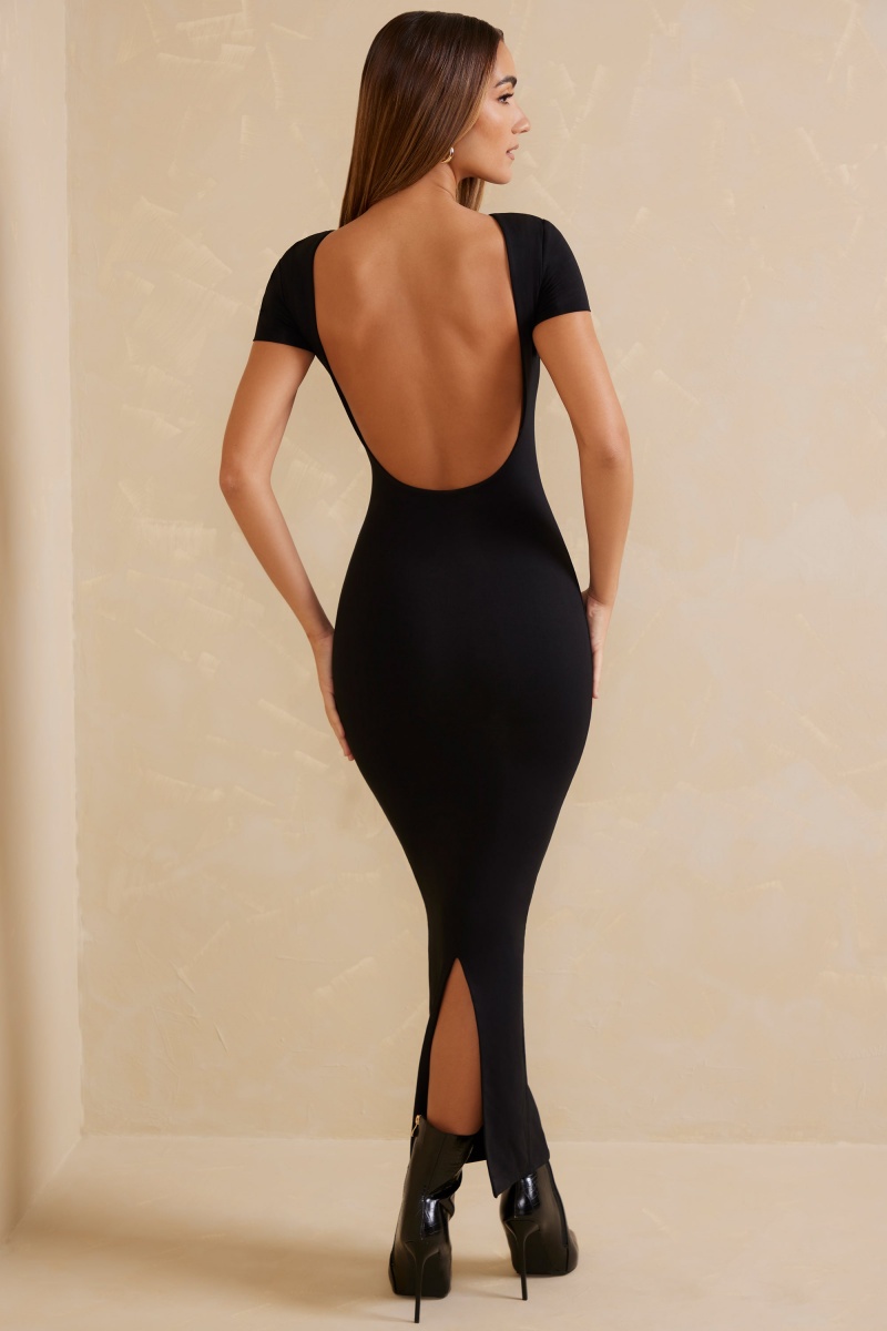 Black Women's Oh Polly Cap Sleeve Open Back Maxi Dress | 71698JYCF