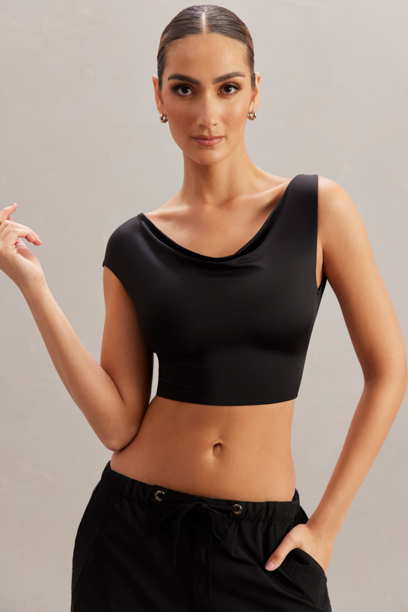 Black Women's Oh Polly Cowl Neck Crop Tops | 69372LGCU