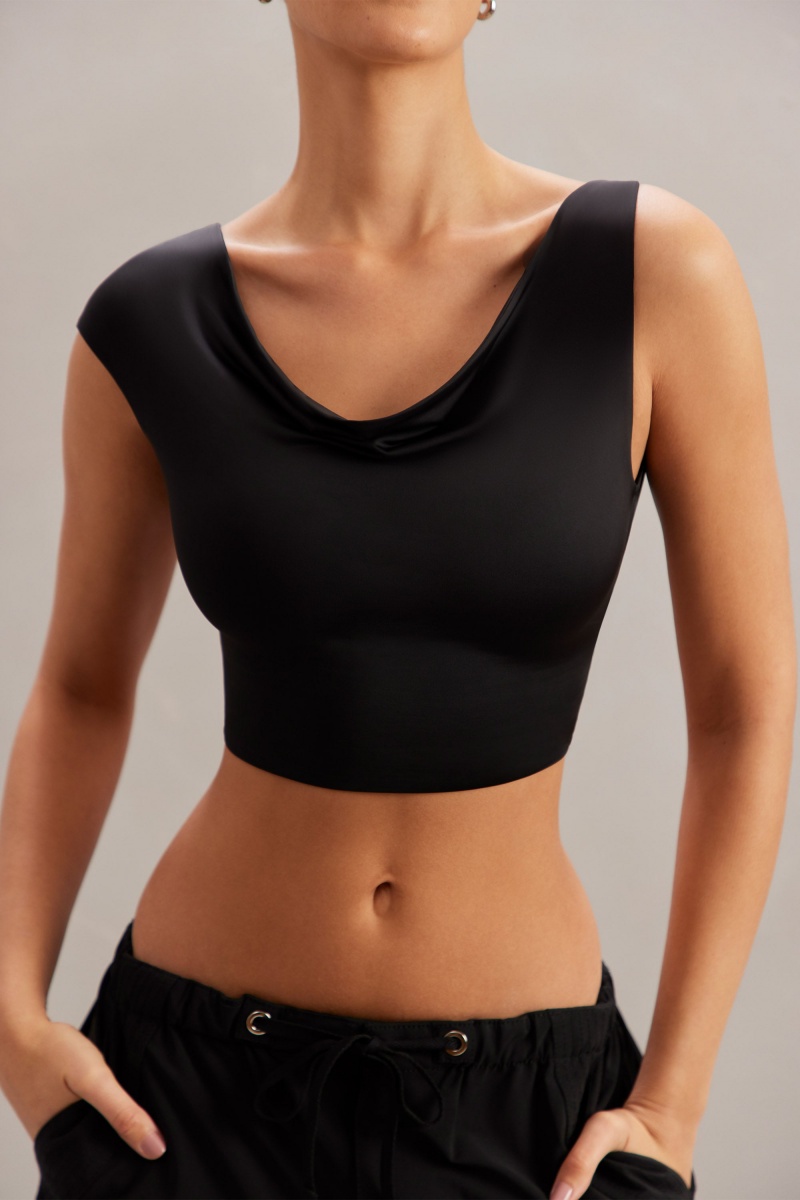 Black Women's Oh Polly Cowl Neck Crop Tops | 69372LGCU