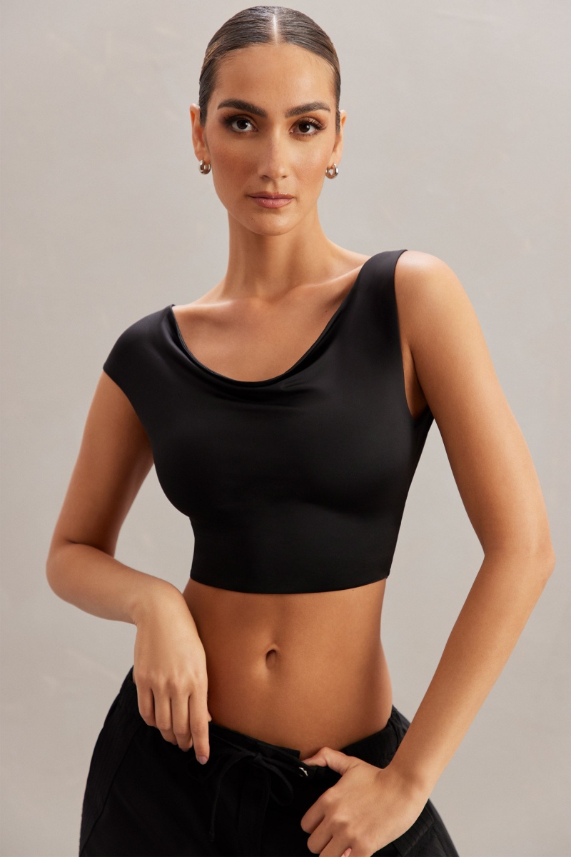 Black Women's Oh Polly Cowl Neck Crop Tops | 69372LGCU