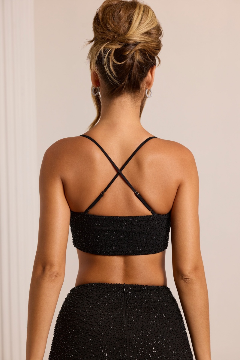 Black Women's Oh Polly Embellished Cross Back Crop Tops | 19873LFNA