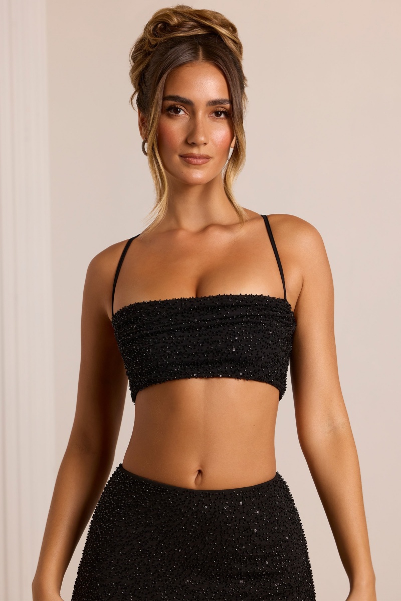 Black Women's Oh Polly Embellished Cross Back Crop Tops | 19873LFNA