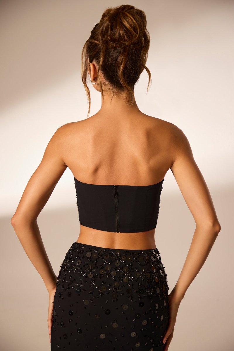 Black Women's Oh Polly Hand Embellished Bandeau Corset Crop Tops | 42860QFIO