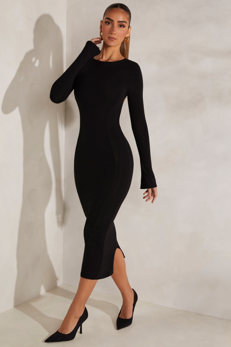 Black Women's Oh Polly High Neck Long Sleeve Open Back Midaxi Dress | 78925KSDG