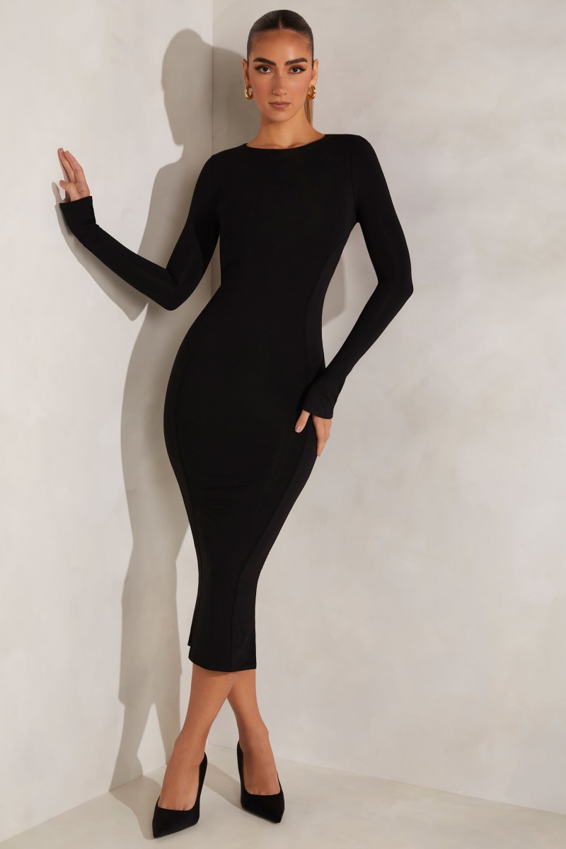 Black Women\'s Oh Polly High Neck Long Sleeve Open Back Midaxi Dress | 78925KSDG