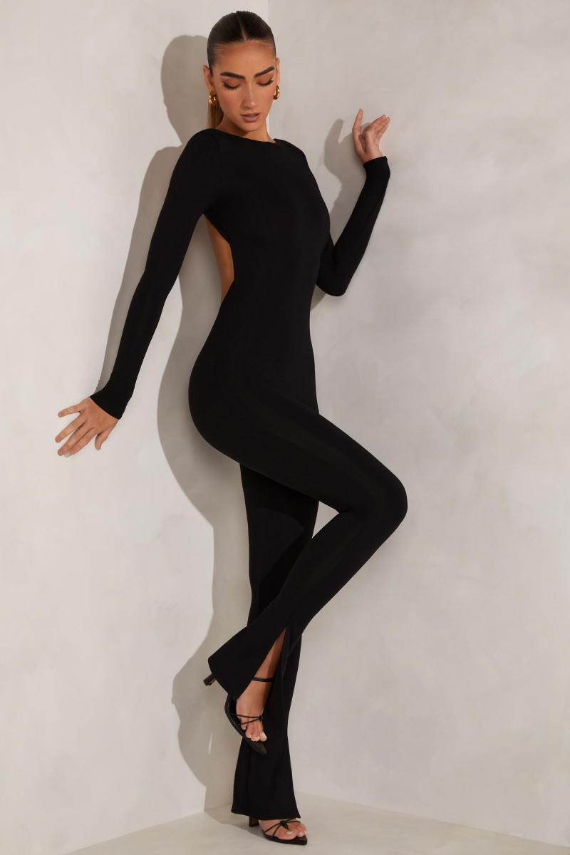 Black Women's Oh Polly High Neck Open Back Jumpsuit | 14608MFNB