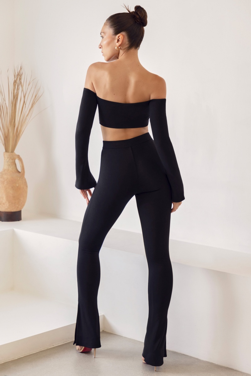 Black Women's Oh Polly High Waist Split Flare Leggings | 83294CFAK