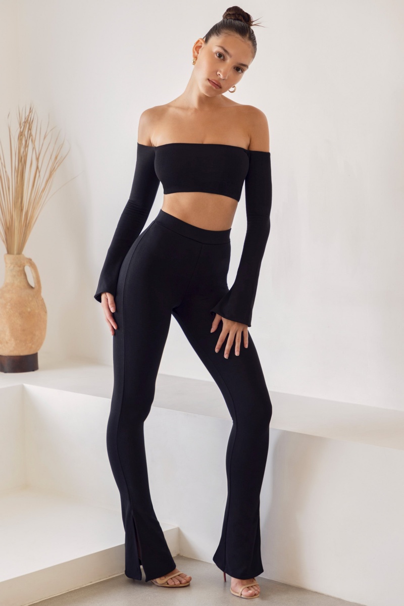 Black Women's Oh Polly High Waist Split Flare Leggings | 83294CFAK