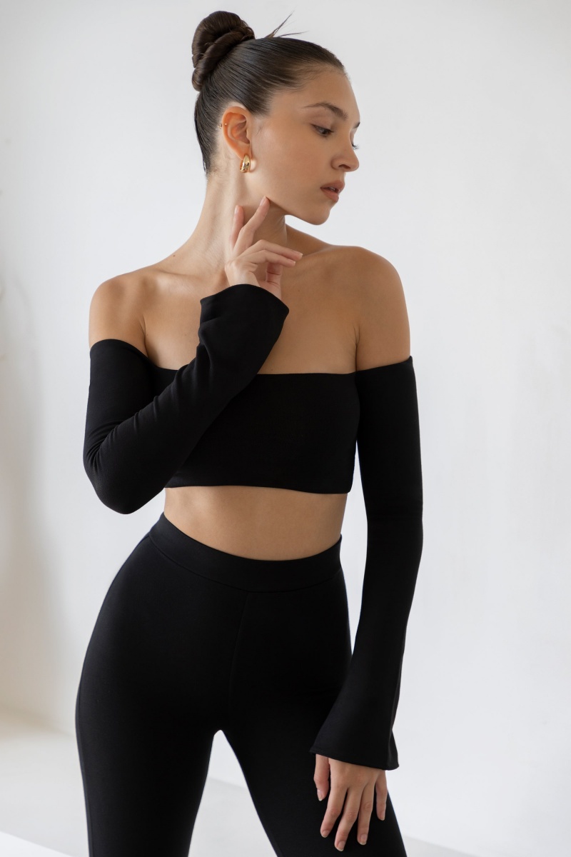 Black Women's Oh Polly Long Sleeve Bardot Crop Tops | 43672TBLS