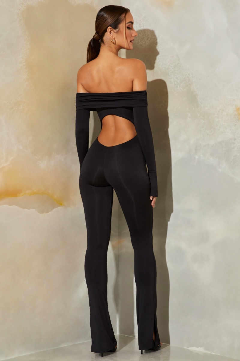 Black Women's Oh Polly Long Sleeve Open Back Jumpsuit | 70639SAHM