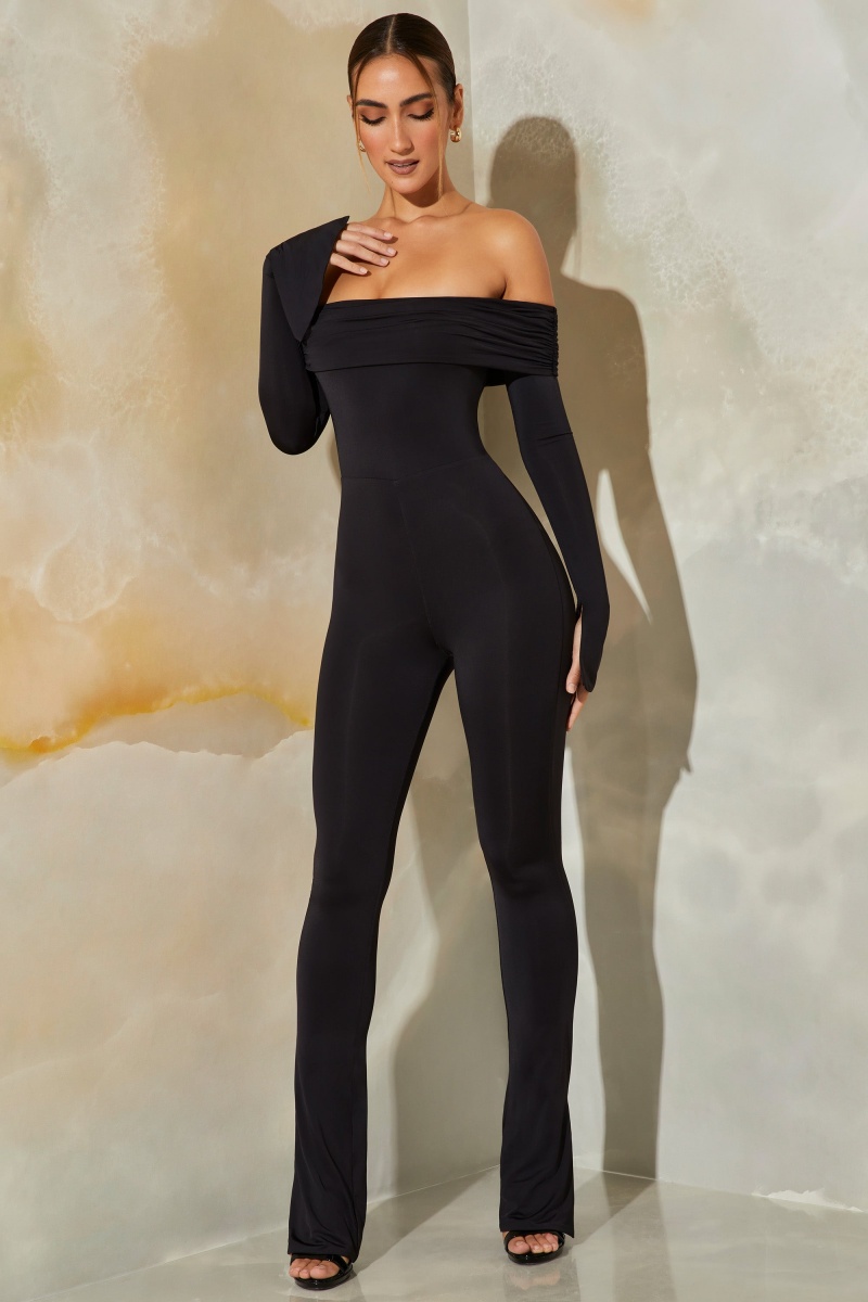 Black Women's Oh Polly Long Sleeve Open Back Jumpsuit | 70639SAHM