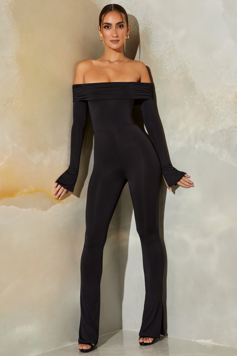 Black Women's Oh Polly Long Sleeve Open Back Jumpsuit | 70639SAHM