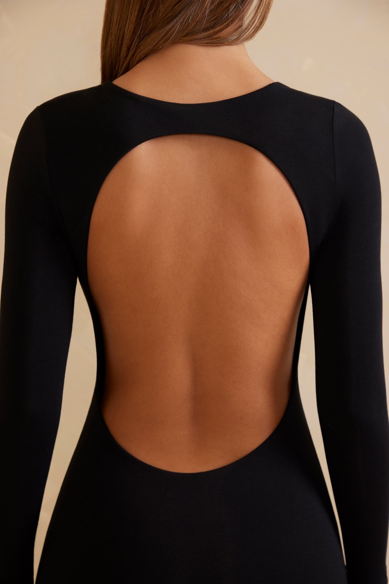 Black Women's Oh Polly Long Sleeve Open Back Mini Dress | 89512ELCH