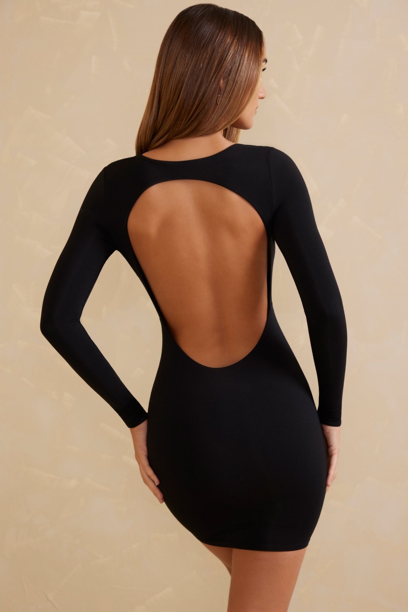 Black Women's Oh Polly Long Sleeve Open Back Mini Dress | 89512ELCH