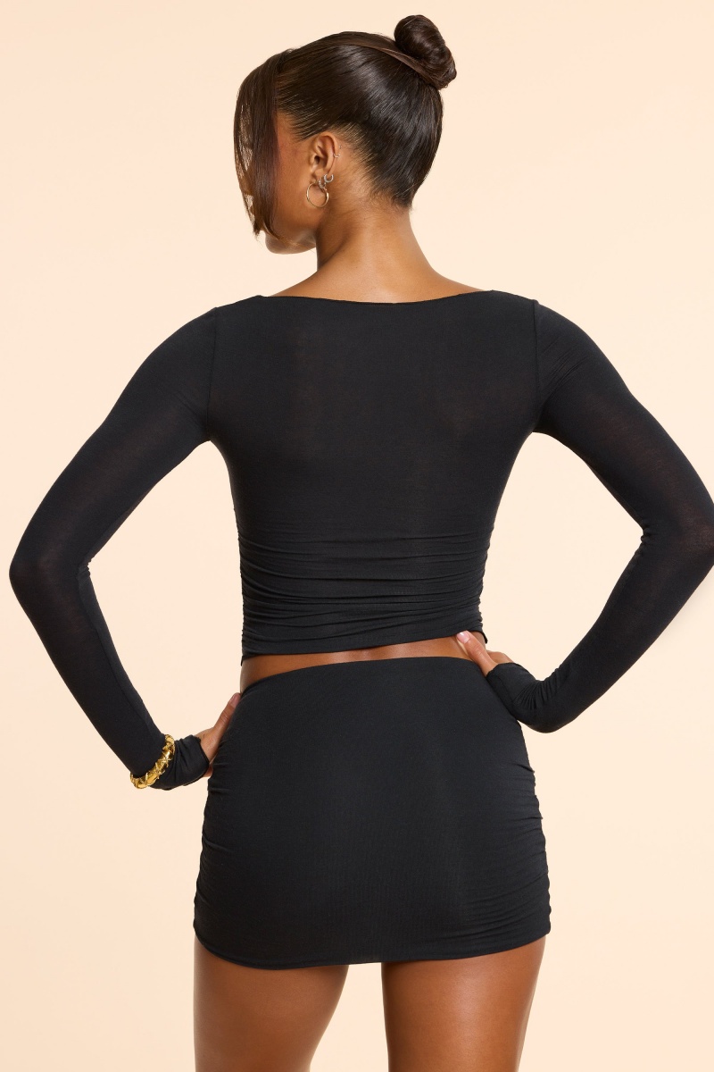 Black Women's Oh Polly Long Sleeve Straight Neck Ruched Modal Cashmere Blend Tops | 09751KNLG