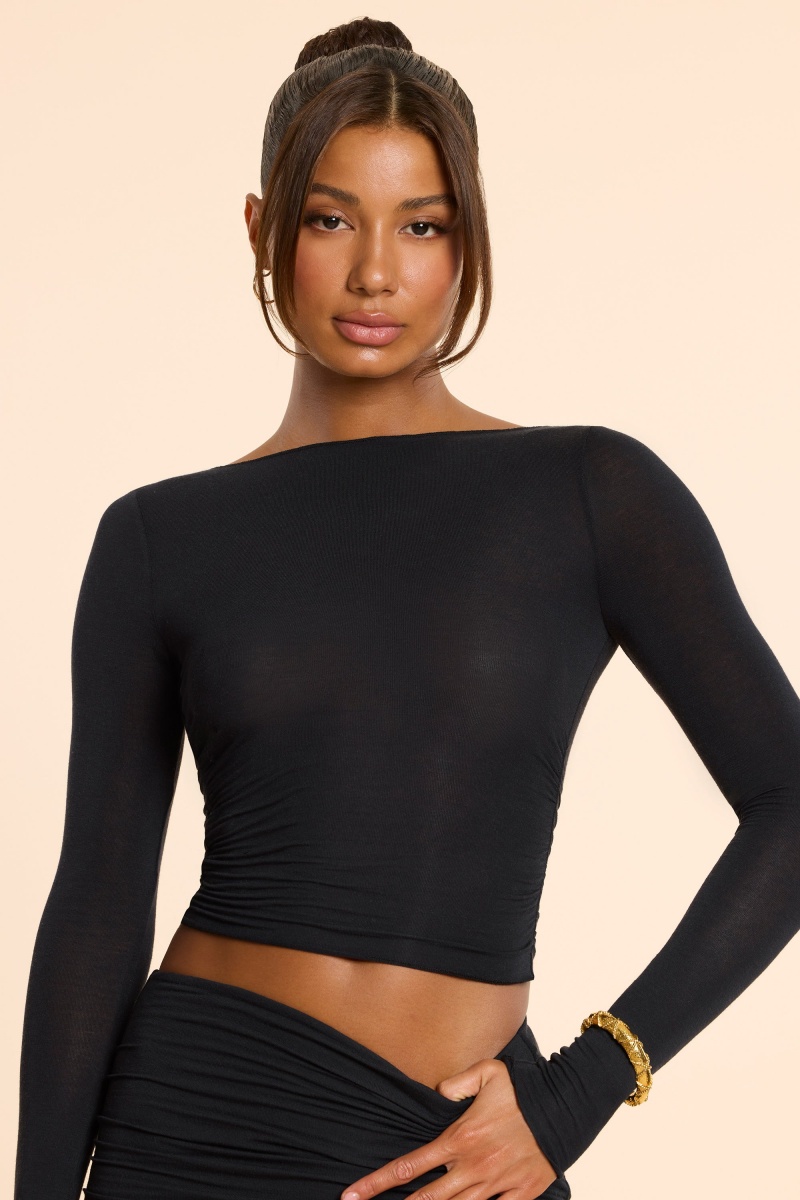 Black Women's Oh Polly Long Sleeve Straight Neck Ruched Modal Cashmere Blend Tops | 09751KNLG