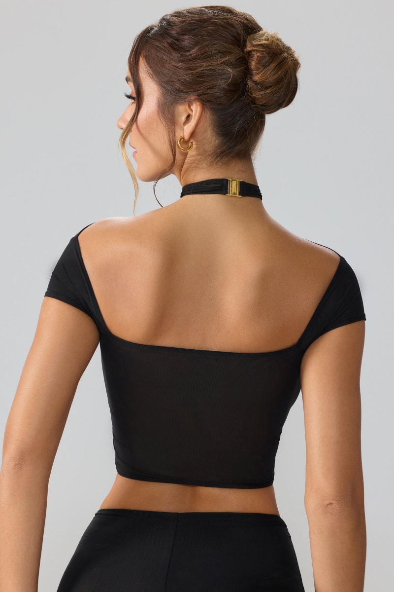 Black Women's Oh Polly Mesh Cap Sleeve Cut Out Crop Tops | 64529SBDT