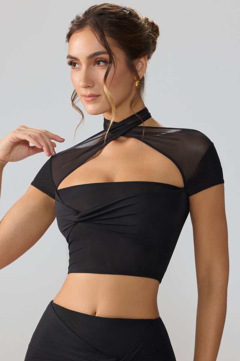 Black Women's Oh Polly Mesh Cap Sleeve Cut Out Crop Tops | 64529SBDT