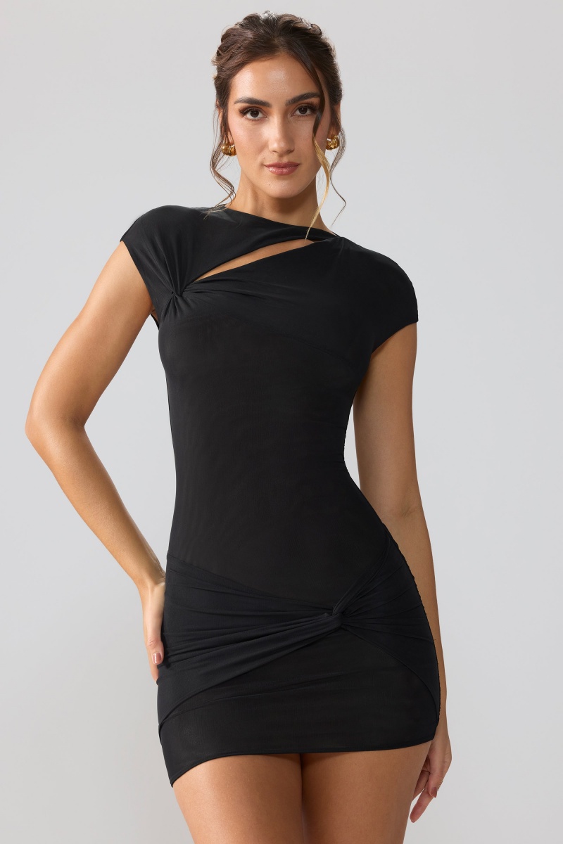 Black Women's Oh Polly Mesh Cap Sleeve Cut Out Mini Dress | 29430YUGL