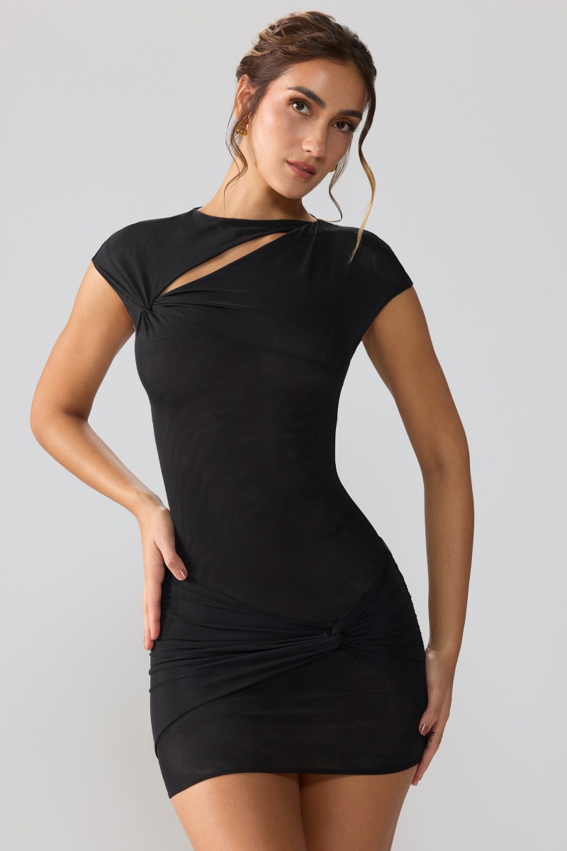 Black Women's Oh Polly Mesh Cap Sleeve Cut Out Mini Dress | 29430YUGL