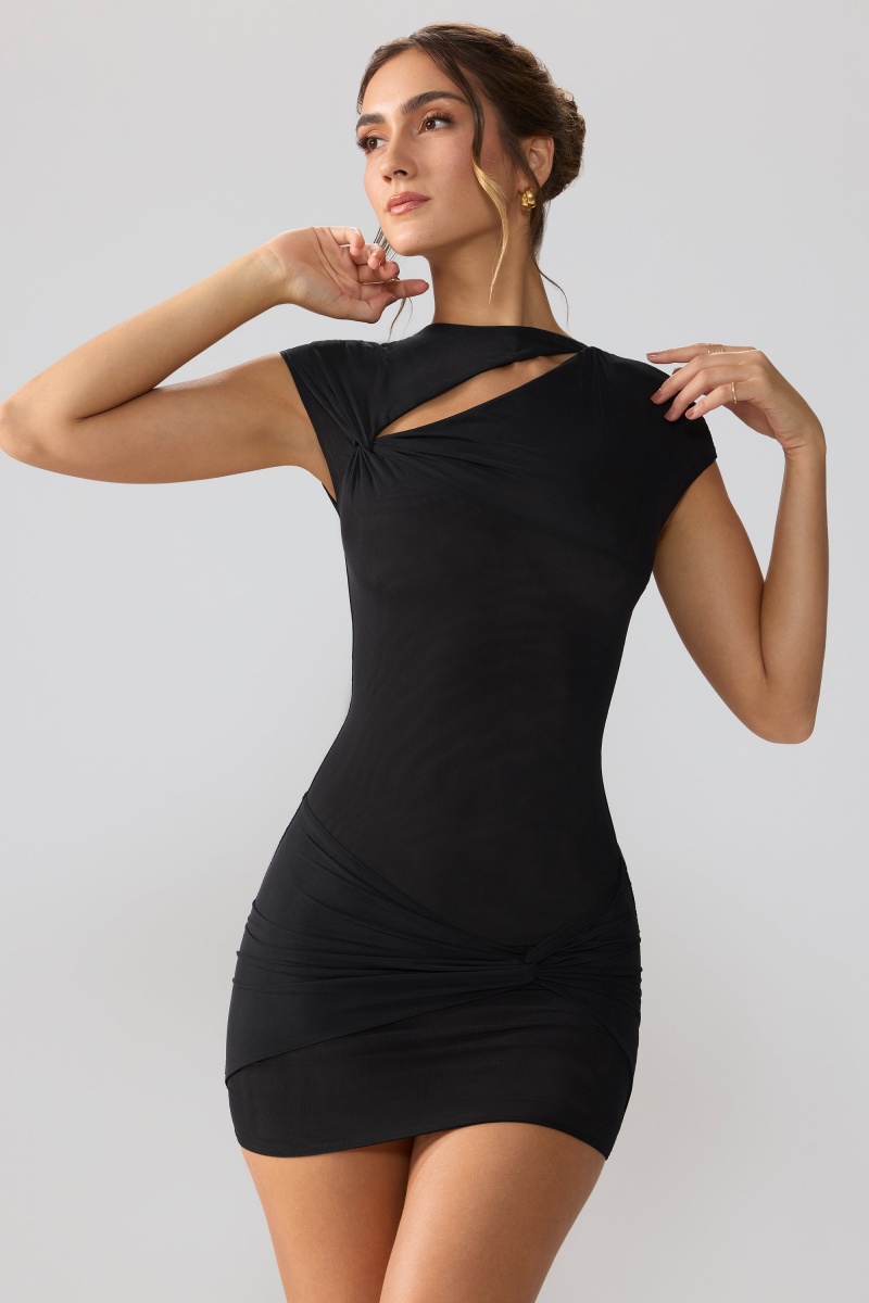 Black Women's Oh Polly Mesh Cap Sleeve Cut Out Mini Dress | 29430YUGL