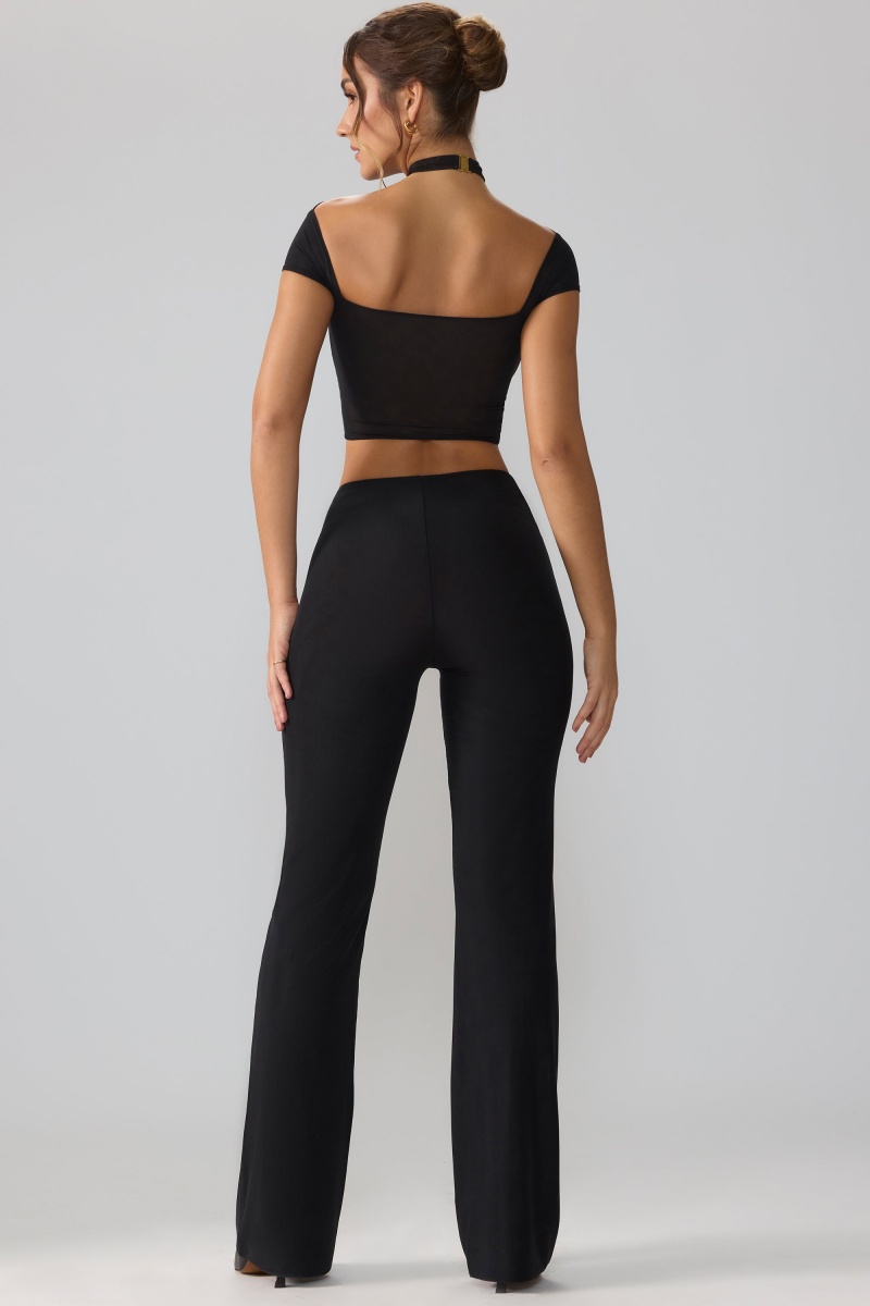 Black Women's Oh Polly Mesh Mid Rise Twist Overlay Flare Pants | 89320ODPY