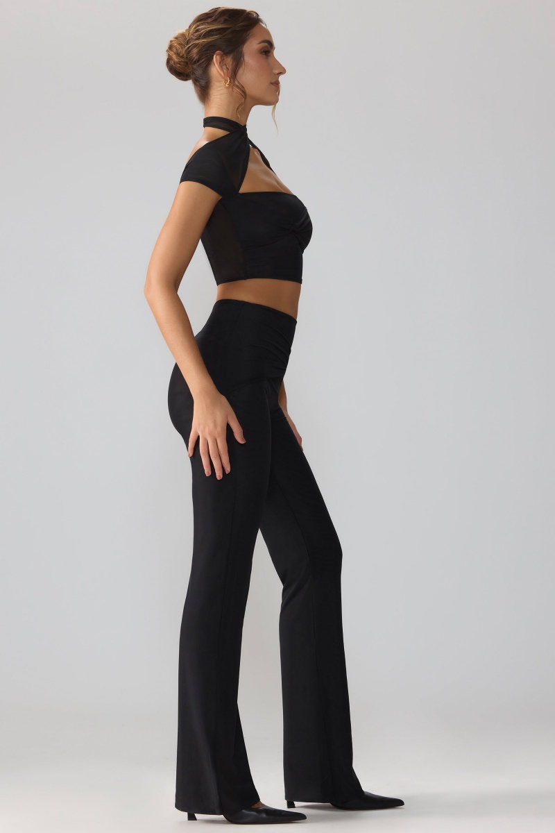 Black Women's Oh Polly Mesh Mid Rise Twist Overlay Flare Pants | 89320ODPY