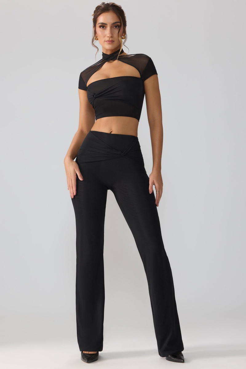 Black Women's Oh Polly Mesh Mid Rise Twist Overlay Flare Pants | 89320ODPY