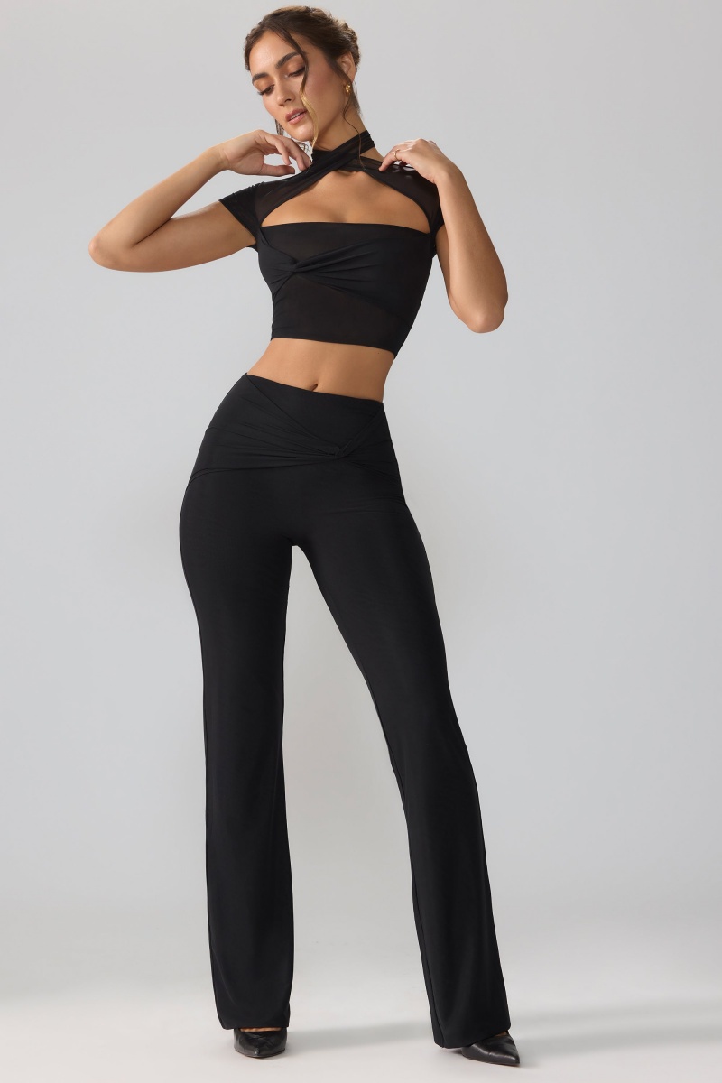 Black Women's Oh Polly Mesh Mid Rise Twist Overlay Flare Pants | 89320ODPY